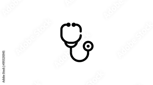 Black and white line drawing of a stethoscope, medical equipment, over a white background