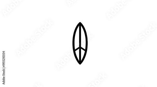 Minimalist artwork depicting a stylized surfboard shape with a peace symbol incorporated