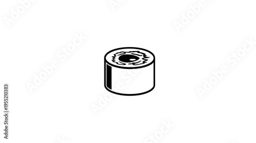 A black and white illustration of a cylindrical object with a textured top and a dark vertical stripe