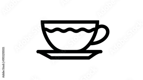 A black and white line drawing of a teacup with a handle and saucer. Liquid inside
