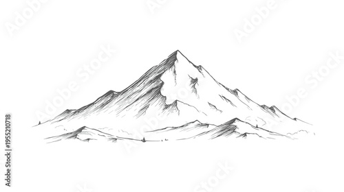 Black and white illustration of majestic mountain range with detailed shading and rugged texture
