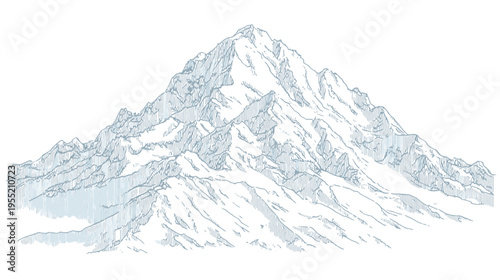 A detailed pen and ink illustration of a snow-covered mountain range, featuring rugged peaks