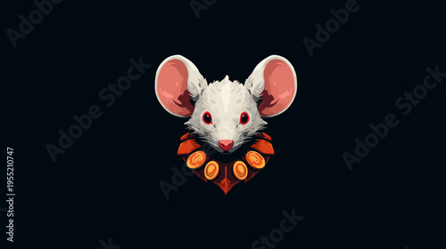 A stylized illustration of a white mouse with red eyes, wearing an ornate, orange-toned collar
