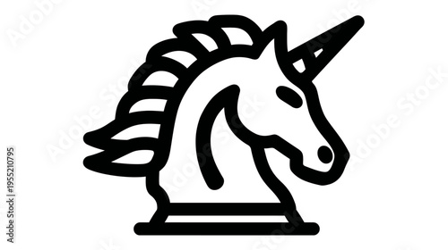 A monochrome illustration of a horse's head, featuring a spiraled horn, on a white background