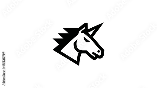 Black and white illustration of a stylized horse head with a sharp, pointed horn and mane