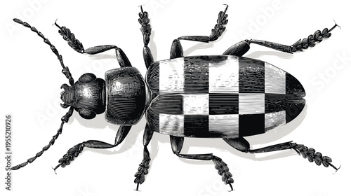Intricate black and white illustration of a beetle, showing detailed features and checkerboard pattern