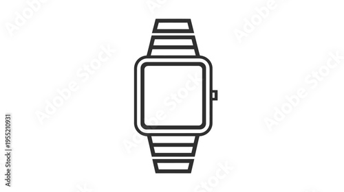 Black and white line drawing of a smartwatch with a square face and striped bands