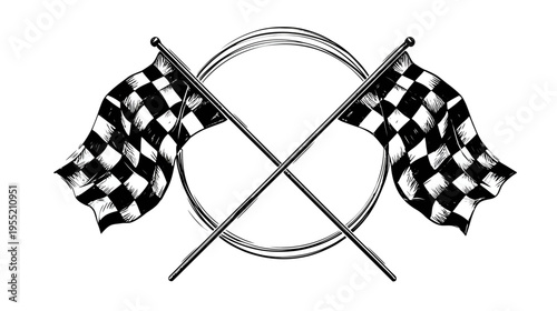 Black and white vector illustration of two crossed checkered flags around a ring, in a sketchy style