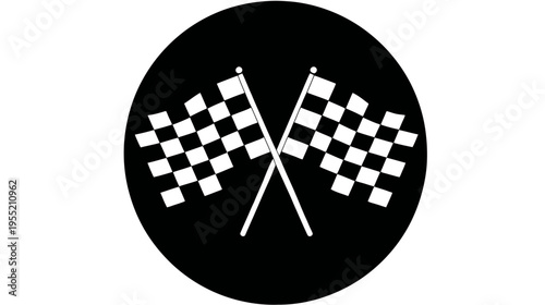 A black circle houses crossed checkered flags, an emblem for a competitive sport