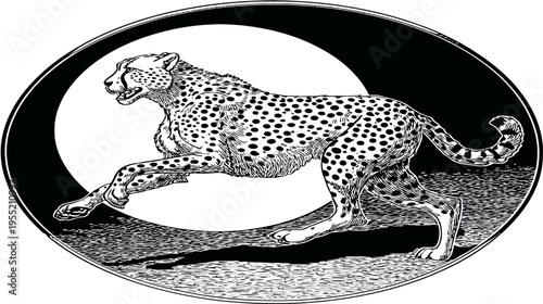 A black and white illustration of a cheetah in motion, contained within a circle