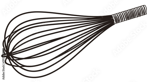 A black and white line drawing of a kitchen whisk, used for mixing ingredients