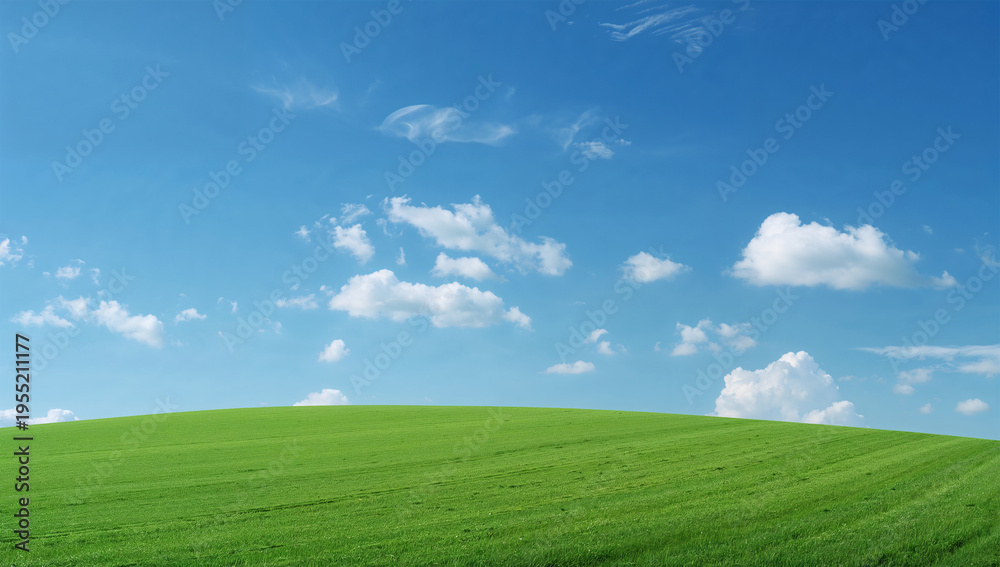 Obraz premium 青空と白い雲の下に緑の草原が広がる爽やかな風景