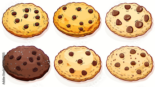 Illustration of six round, baked desserts with chocolate chips, presented on a white background