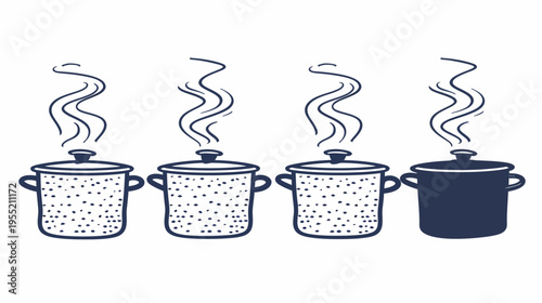 Illustration of four cooking pots, three patterned, one solid, with steam rising on a white background