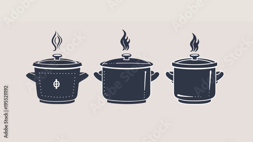 Three stylized cooking pots, each with steam, presented in a minimalist, graphic style
