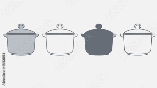Four stylized cooking pots in varying shades of gray and white, arranged in a horizontal line
