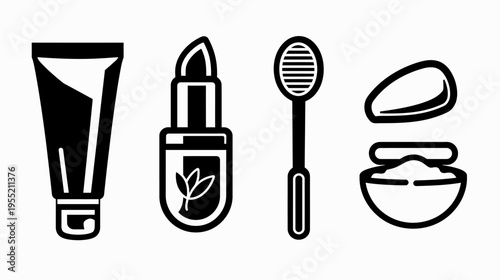 A collection of beauty product icons, including a tube, lipstick, tool, and a dish with contents