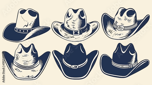 Artistic depiction of six distinct cowboy hats, featuring intricate linework and varying shades of navy blue