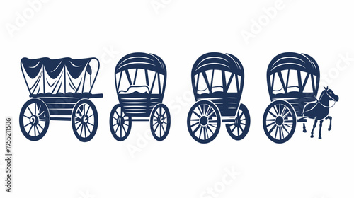 Silhouettes of covered wagons and a horse-drawn carriage arranged on white background