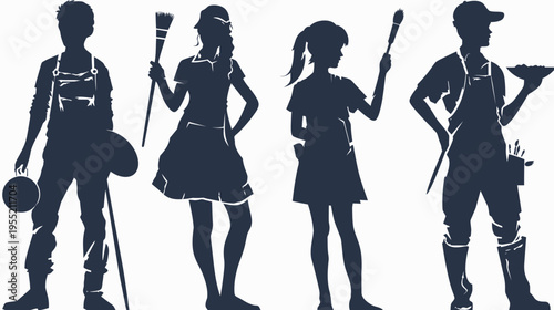 Silhouettes of diverse people in various professions, from artist to baker, depicted with tools
