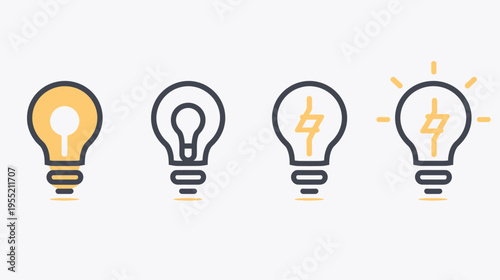 Series of illustrative lightbulbs in different states illuminated, empty, with electricity symbol, and bright