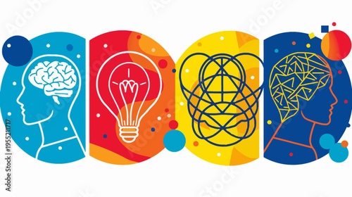 Colorful digital illustration showcasing mental concepts. Featuring brain, bulb, networks, & profiles