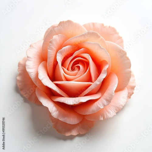Delicate peach rose flower, fully bloomed, shown from top view on white background. Soft petals swirl gently, creating natural beautiful pattern.