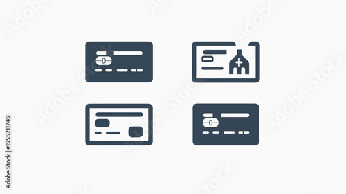 Flat icon set representing different types of cards, including credit, medical, and membership