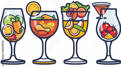 A collection of four stem glasses filled with colorful beverages and fruits in various arrangements