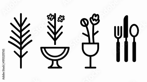Minimalist line art icons depicting botanical elements and dining utensils, against a white backdrop
