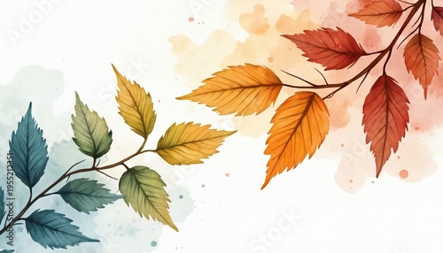Abstract watercolor branches with leaves in blue green yellow orange red colors. Simple organic nature background art. Seasonal autumn fall design element.