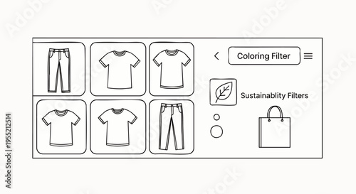 E-commerce clothing app interface wireframe with sustainability filters and product display. Online fashion store UI/UX design concept for modern shopping experience.