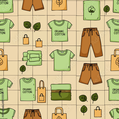 Seamless pattern of organic cotton clothing and accessories, promoting sustainable fashion and eco-friendly lifestyle with natural materials and design.