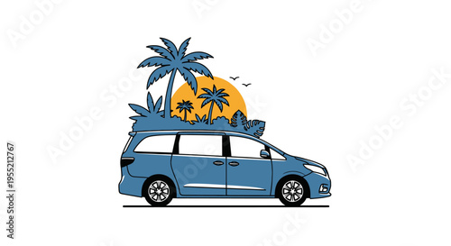 Blue minivan with luggage on top.