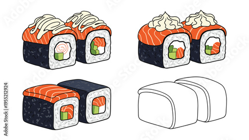 Various types of sushi rolls including salmon, topped with cream, and simple outlines are presented in a four-part grid.