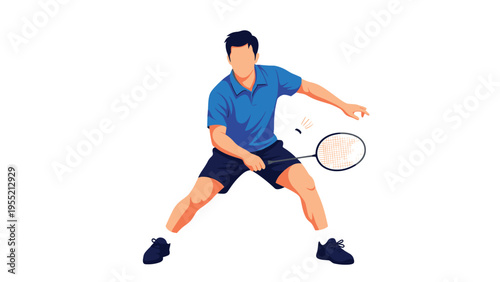 Male athlete in a blue polo shirt and dark shorts leans forward to hit a shuttlecock with his badminton racket.