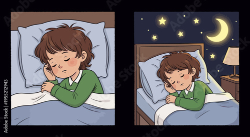 Boy Sleeping in Bed at Night.