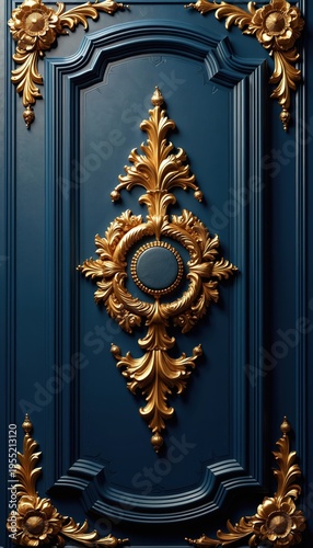 Ornate dark blue wall features elegant gold floral patterns and central motif. Luxurious decorative background for interiors, invitations, websites, and luxury branding projects.