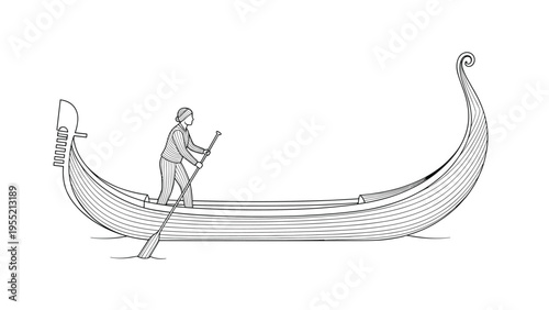 Traditional Venetian gondola boat is shown in a detailed hand-drawn line art style with a rower steering with a long oar.