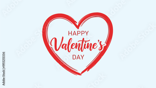 Red painted heart shape with artistic brush strokes surrounding a happy valentines day greeting message on a pale blue background.