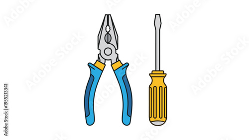 Simple flat illustration of a pair of blue handled pliers and a yellow handled flathead screwdriver used for home repair and maintenance.