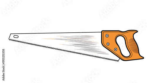 Detailed illustration of a traditional hand saw with a serrated metal blade and a wooden orange handle used for woodworking and carpentry.