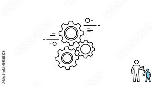 Minimalist line art illustration of three interlocked gears with a small icon of a father giving a house to a child in the corner.
