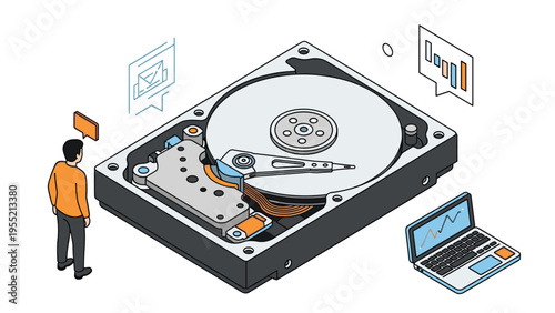 Isometric illustration of a disassembled computer hard drive with a person and laptop representing data storage and technical support.