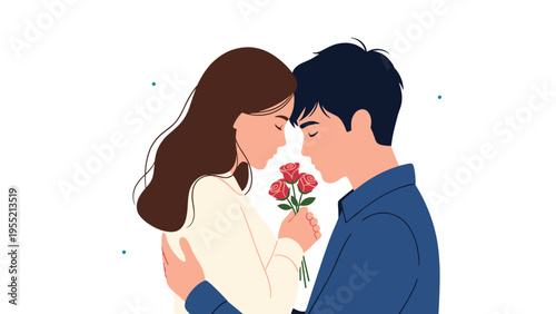 Loving young couple embracing each other while holding a bouquet of red roses in a tender romantic moment of affection and love.