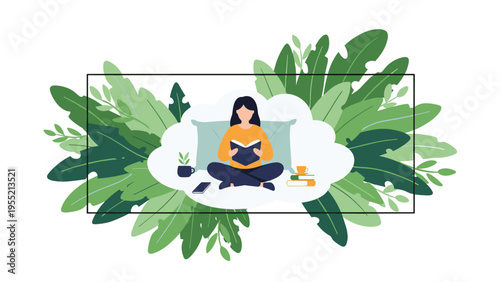 Peaceful woman reading a book sitting on a cloud inside a lush green nature frame made of various tropical leaves and plants.