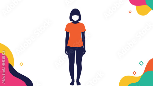 Silhouette of a young girl wearing an orange t-shirt and a protective face mask against a white background with colorful abstract corners.