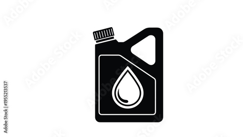 Black and white silhouette icon of a plastic canister for motor oil or chemicals featuring a large drop symbol on the front label.