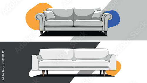 Comparison of two modern sofa designs including a classic tufted gray couch and a minimalist white upholstered sofa for living room.