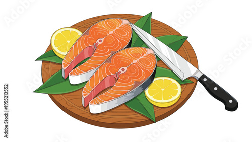 Illustration of two fresh raw salmon steaks served on a wooden cutting board with lemon slices and green leaves for a healthy meal.